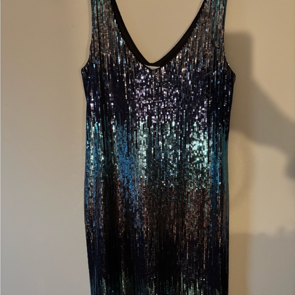 Sequin V-Neck Dress in Black and Blue sequence